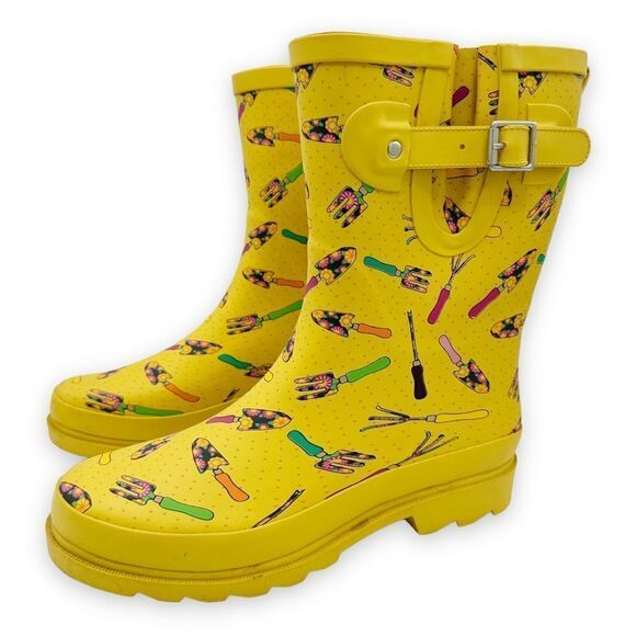 Western Chief Yellow In the Garden Print Mid-Calf Rubber Rain Boots Sz 8 - Picture 3 of 14